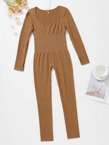 1pc Women Plus Size Seamless Slimming Waist Cincher Bodysuit With Long Sleeve And Pants