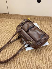 Large Capacity PU Tote Bag, Minimalist & Fashionable Women's Multi-Pocket Shoulder Bag, Solid Color Personalized Big Capacity Handbag - Coffee Brown - View 3
