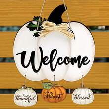 Cartel de bienvenida con calabaza blanca y adornos colgantes de cosecha agradecida, perfecto para la decoración del hogar de otoño, Halloween y estilo de granja, decoración de pared y puerta