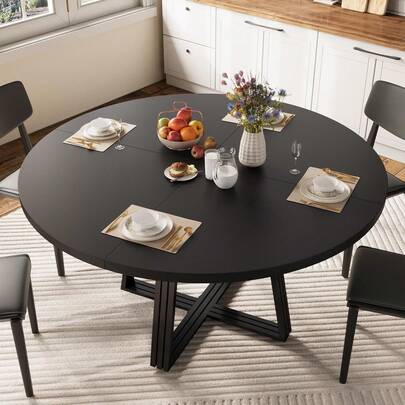 Round Dining Table For 4-6, 42" Farmhouse Kitchen Table With Storage, Circle Dinner Tables For Kitchen, Dining Room, Living Room, Meeting Room, Apartment