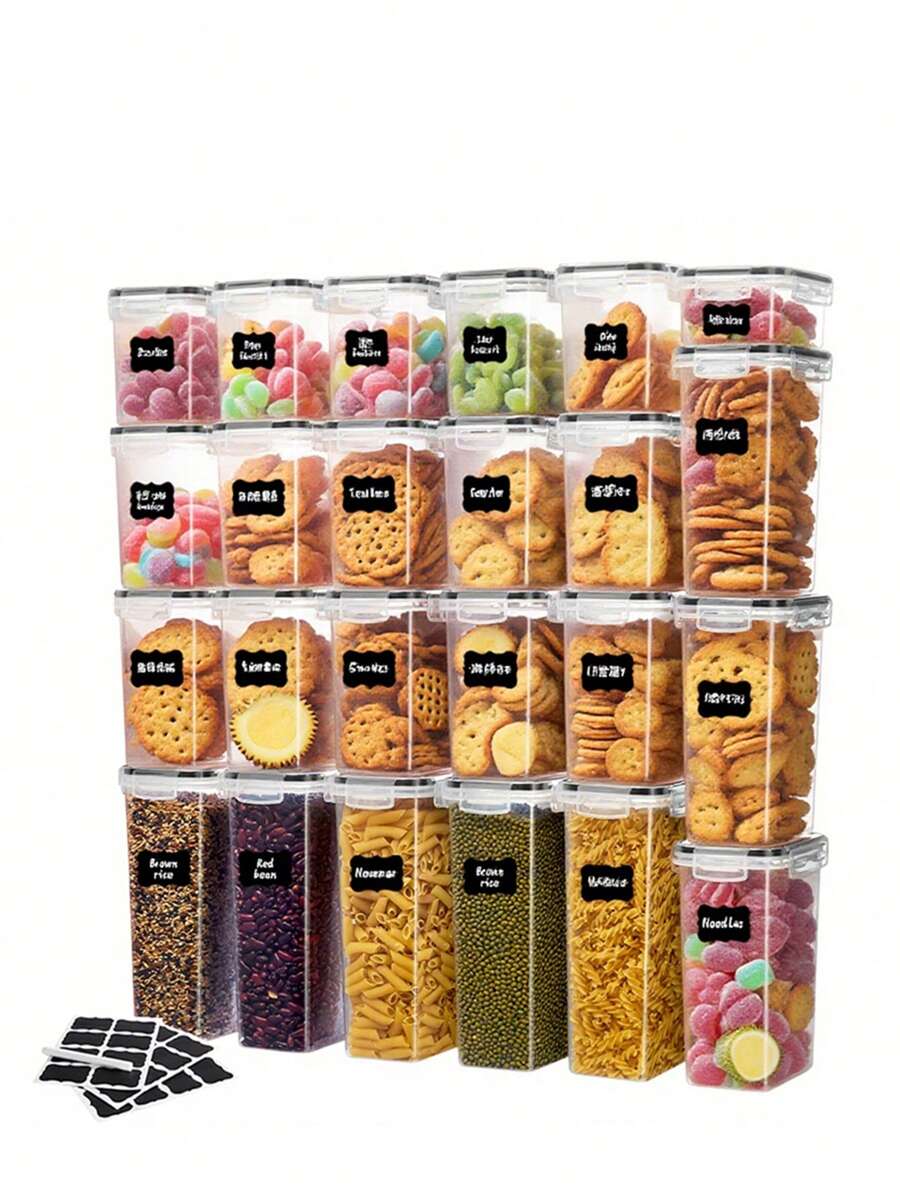 48pcs Airtight Food Storage Containers, Free Plastic Spaghetti Containers With Easy Lock Lids, For Kitchen Pantry Organization And Storage, Include  Labels - 黑與白 - 查看 1
