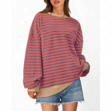 Womens Oversized Striped Sweatshirt Crewneck Long Sleeve Pullover Top Casual Y2K Spring Clothes 2026 Workout Shirt,Vacation Outfits Women,Valentine Outfits For Women,Street Photography - Blue Orange - 查看 4
