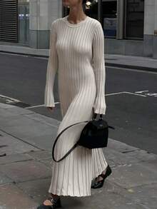 2025 秋冬新品女士优雅长袖圆领罗纹灰杏色纯色毛衣裙长款中长弹力日常穿着简约百搭风格 - 卡其色 - 查看 8