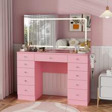 46" Vanity Desk Set With 11 Drawers For Storage , Makeup Vanity Table With Five Times Lens Bulbs And Mirror 3 Color & Brightness Adjustable, Makeup Vanity Desk With Crystal Handle, Vanity Table With Large Mirror,  Storage With Hairdryer Holder  Gift For Girls Women - 查看 1
