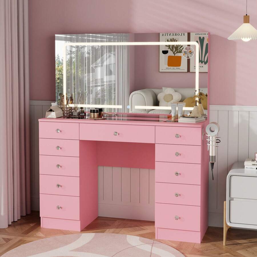 46" Vanity Desk Set With 11 Drawers For Storage , Makeup Vanity Table With Five Times Lens Bulbs And Mirror 3 Color & Brightness Adjustable, Makeup Vanity Desk With Crystal Handle, Vanity Table With Large Mirror, Storage With Hairdryer Holder Gift For Girls Women - 查看 1
