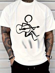 Men's Humorous Gita Doll Pattern T-Shirt - 100% Cotton Breathable Crew Neck Short Sleeve Shirt, Fade-Resistant Casual Top, Machine Washable, Great Gift For Music Lovers, Fun Design, Plus Size