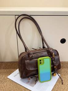 Large Capacity PU Tote Bag, Minimalist & Fashionable Women's Multi-Pocket Shoulder Bag, Solid Color Personalized Big Capacity Handbag - Coffee Brown - View 6