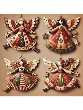 4pcs Wooden Angel Hanging Ornaments, Christmas Tree Decor, DIY Gift Wrapping Wreath Accessories, Vintage Boho Style Wooden Angel Hanging Decorations, Handmade For Home And Office Christmas Decoration