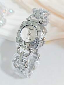 Damenuhr Luxus Edelstahlarmband quadratisches Zifferblatt mit römischen Ziffern, modische Lässig Business Quarzarmbanduhr