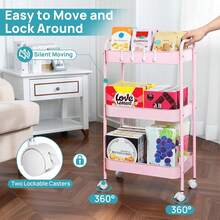 Back To School 3-Tier Metal Rolling Cart With Wheels Pink Student Dormitory Snack Study Tool Storage Cart With Handle And Lockable Universal Wheel Dormitory Must Have Artifact Kitchen Office Organizer Racks - Pink - View 6