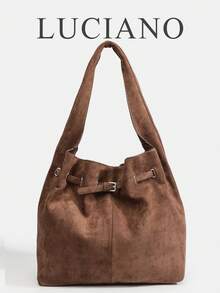 复古金属扣手提包，大容量仿麂皮单肩包，轻便金属装饰，西部风格，适合复古女孩、文艺青年、时尚爱好者，四季皆宜，适合通勤、旅行、度假、露营、摄影和日常穿搭，大容量，最新时尚女士麂皮包 - 咖啡 - 查看 2