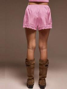 Y2K Lace Trim Satin Pajama Shorts For Women Low Waist Silk Lounge Pj Shorts Sexy Skinny Slip Mini Pajama Bottoms - 粉色 - 查看 5