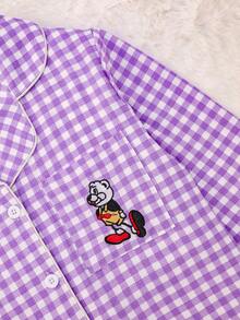 格子睡衣套装，甜美可爱翻领纽扣上衣和长裤，女士睡衣和家居服，秋季服装 - 藍白色 - 查看 4