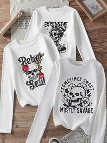 3 pezzi Top aderente a maniche lunghe autunnale, stampa personalizzata con teschio, fulmine e fiori stile street, maglietta 100% cotone, sexy, top autunno/inverno, adatto per stratificazione, uso quotidiano, stile casual ragazza/minimalista/retrò/streetwear/Y2K/dolce/preppy, adatto per ufficio/casa/strada, Ognissanti - Bianco 3 - Visualizzare 1