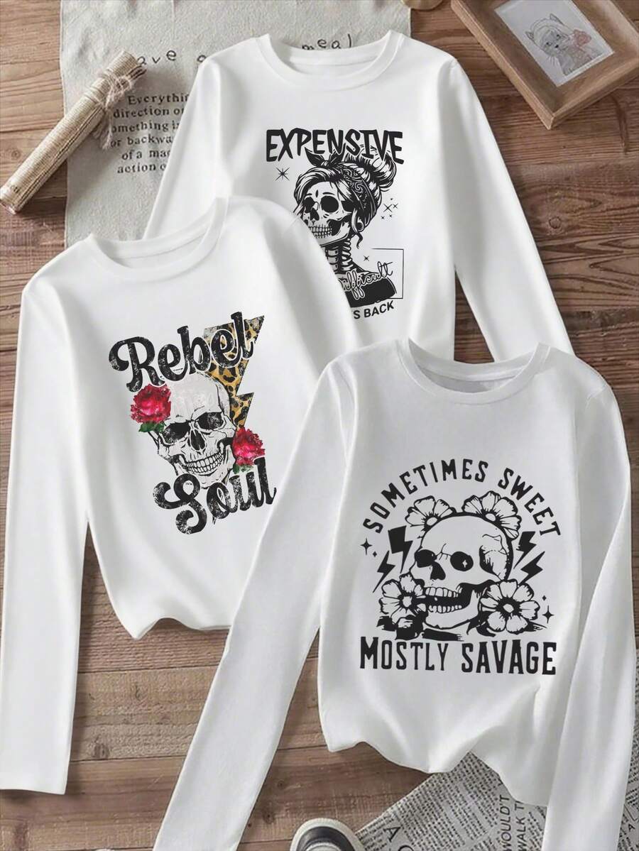 3 pezzi Top aderente a maniche lunghe autunnale, stampa personalizzata con teschio, fulmine e fiori stile street, maglietta 100% cotone, sexy, top autunno/inverno, adatto per stratificazione, uso quotidiano, stile casual ragazza/minimalista/retrò/streetwear/Y2K/dolce/preppy, adatto per ufficio/casa/strada, Ognissanti - Bianco 3 - Visualizzare 1