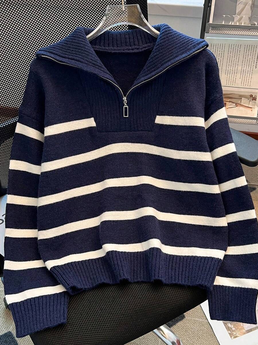 Autumn/Winter New Zipper Women Striped Knit Sweater, Fashion Minimalist Pullover, Versatile - Royal Blue - View 1