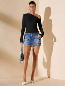 Women's Minimalist Asymmetric Shoulder Long Sleeve Fitted T-Shirt Top, Everyday Wear, Fall/Winter - 黑色 - 查看 7