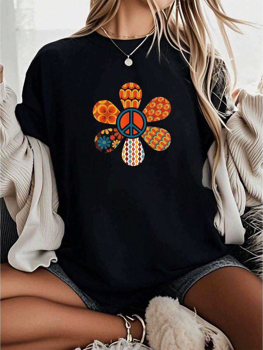PEACE SIGN LOVE 60s 70s Groovy Hippie Costume Halloween T-Shirt         Graphic Tees Women Crop Tops Summer Outfits For Women Summer Tops T-Shirt - Black - View 1