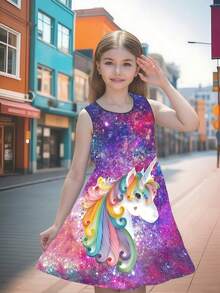 Rochie elegantă pentru fete preadolescente, cu imprimeu 3D, unicorn și cer înstelat, potrivită pentru vacanță, ședință foto, purtare zilnică, elegantă, petrecere, absolvire, vară