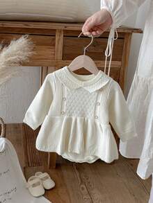 Baby Girl Knitted Romper Dress, Fashionable Long Sleeve Ruffled Infant Jumpsuit Bodysuit, Autumn/Winter