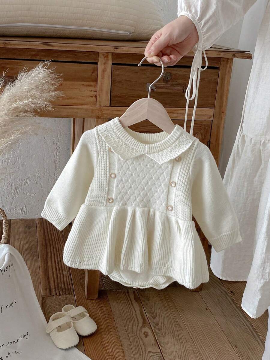 Baby Girl Knitted Romper Dress, Fashionable Long Sleeve Ruffled Infant Jumpsuit Bodysuit, Autumn/Winter