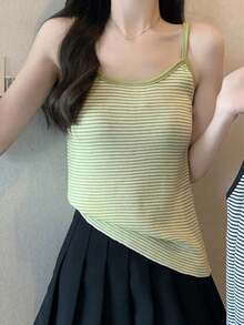 女式撞色条纹无袖休闲针织背心，春夏季 - 綠色 - 查看 3
