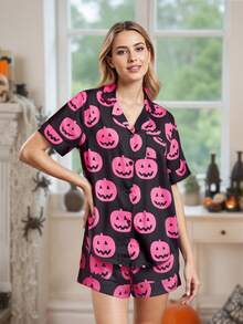 Women 2 Piece Halloween Outfit Shorts Set Halloween Pajama Set Pumpkin Print Short Sleeve Button-Up Tops Elastic Waist Shorts Sleepwear - Black - View 3