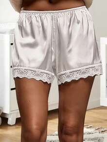 Women Lounge Shorts, Elastic Waist Lace Patchwork Loose Pajamas Shorts Sleepwear - 白色 - 查看 5