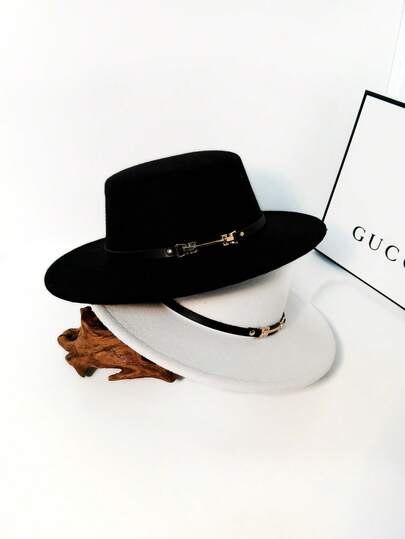 1pc Unisex Wide Brim Flat Top Hat With Leather Strap Decoration, Fashionable Retro British Style Gentleman Fedora Hat, Suitable For Gatherings, Parties, And Daily Wear