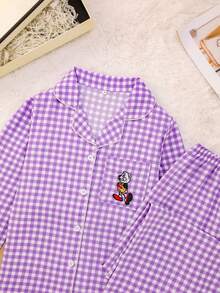 格子睡衣套装，甜美可爱翻领纽扣上衣和长裤，女士睡衣和家居服，秋季服装 - 藍白色 - 查看 3