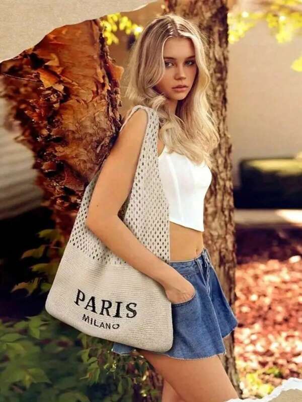 Markante Paris und Mailand Damen Häkel-Schultertasche, modische gestrickte Tasche, Damen Häkel-Handtasche, ästhetische Häkel-Strandtasche, Hobo-Tasche, Hippie-Tasche, Sommertasche, Boho-Gewebetasche, Umhängetasche, Schultertasche, gehäkelte Tasche, Damentasche, markante Damenhandtasche - Hohldesign, fester Schultergurt, offener Top, ideal für Strand und Einkaufen, täglichen Gebrauch, Einkaufen und Reisen, Häkel-Schulter-Strandtasche | Paris Mode, Strandtasche
