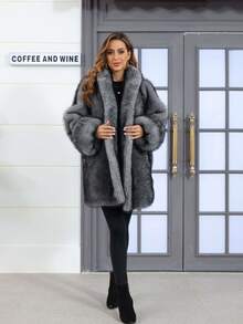 Ladies' Loose Coat, Fox Fur Imitation, Winter Jacket, Women's Plus-Size Clothing, Rolled-Up Sleeve Coat,Mantel