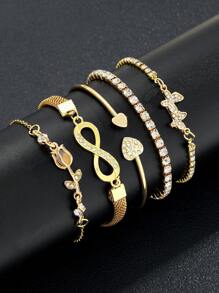 5pcs Fashionable Minimalist Elegant Butterfly, Heart, Flower, Tulip Rhinestone Bangle Bracelet Set, Suitable For Holiday, Party, Date, Gift, Daily Wear