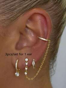 Set de 3 piezas de pendientes de clip con cadena y circonita cúbica, joyería formal para mujer para fiestas (cantidad para una oreja)