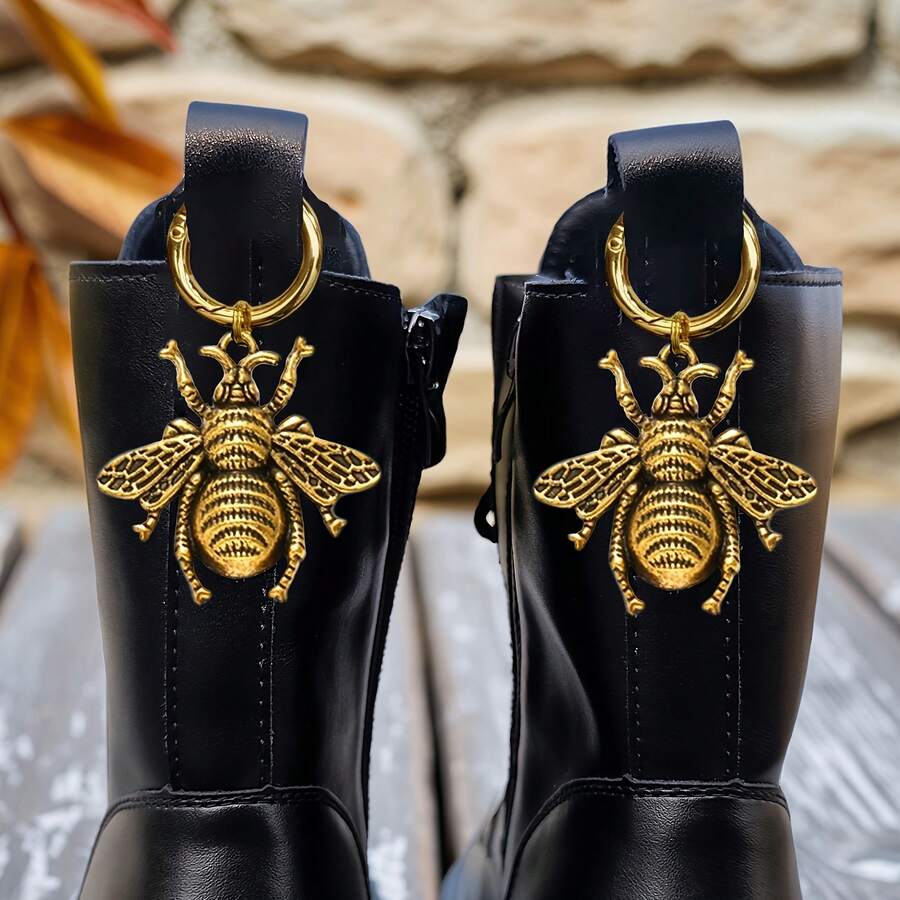 2pcs Honey Boot Charms, Zinc Alloy Gothic Shoe Accessories, DIY Shoe & Bag Keychain Decor With Animal Texture, Wings, Insect Details, Shoe Decoration - Gold - View 1