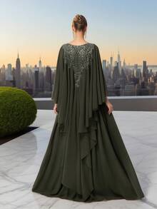 DELLA COUTURE Women's V-Neck Army Green Evening Gowns Exquisite Floating Fashion Ladies Elegant And Noble Slim Gorgeous Floor-Length Gowns Style Dress Suitable For Parties,Prom, Weddings And Other Formal Occasions Prom Guest Dress , Long Cocktail Dresses - Army Green - View 6