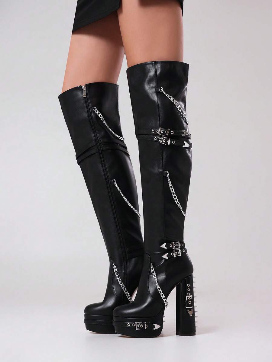 Women's Thick Sole Chunky Heel Lace-Up Rivet Decor Over-The-Knee Boots, Suitable For Daily Shopping And Winter Gatherings