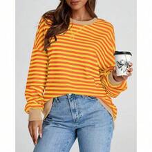 Womens Oversized Striped Sweatshirt Crewneck Long Sleeve Pullover Top Casual Y2K Spring Clothes 2026 Workout Shirt,Vacation Outfits Women,Valentine Outfits For Women,Street Photography - Yellow Orange - 查看 6