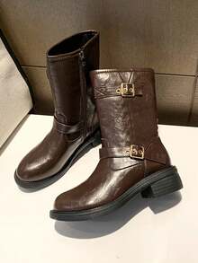 Botas Estilosas Femininas, Botas de Cavaleiro Estilo Britânico, Botas Curtas Versáteis de Ajuste Slim com Zíper Lateral Vintage, Botas para Primavera/Outono, Botas de Cano Médio Femininas de Couro com Salto Grosso