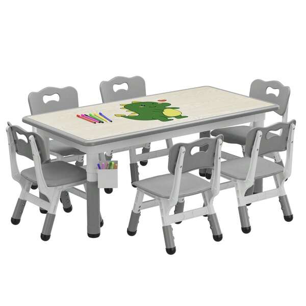  Techigher Kids Table And Chair Set,Height Adjustable Toddler Table And Chair Set,Children Activity Table With 6 Chairs,Storage Box,Graffiti Desktop,Non-Slip Legs For Ages 3-8,For Daycare Classroom Home