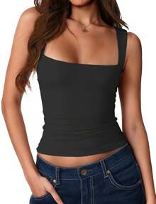 Square Neck Tank Tops For Women, Sleeveless Double Lined Tops For Women Sexy Going Out Top  Basic Fitted Shirts,Local Delivery - 黑色 - 查看 1