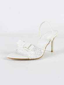 Sandales à talons hauts à bout pointu de 8,7 cm, en tissu de dentelle et de maille avec décoration de nœud, design élégant avec bride arrière, légères et confortables, sandales à talons hauts polyvalentes et , convenant pour les soirées, les sorties, les rendez-vous, les courses, les tenues de printemps et d'été - Blanc - Voir 7
