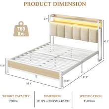 LED Bed Frame With Storage Headboard, Upholstered Bed Frame With Charging Station, Metal Platform Bed Frame With Heavy Duty Metal Slats, No Box Spring Needed, Easy Assembly, Black/ White/ Beige - Xem 8