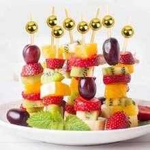 200/100/50/10pcs Fruit Skewers, Bamboo Picks, Flower Picks, Fruit Sticks, Creative Art Toothpicks, Cocktail Decorative Bamboo Sticks, Cake And Burger Art Forks - For Beverage Decoration, Desserts (Birthday, Wedding Party Supplies, Christmas Gifts) Suitable For Appetizers, Drinks, Fruits, Snacks And Weddings, Wedding Decorations | Fashionable Gold Beaded Fruit Forks | Durable Bamboo Sticks For Fruit Platters Etc. - Multicolor - View 3