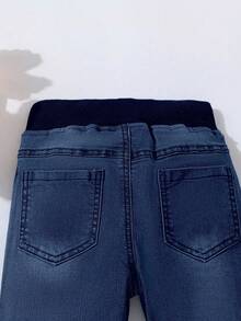 Pantalones largos de mezclilla con cintura elástica y cordón para niñas, adecuados para uso casual, fiestas y todas las estaciones - Azul Marino - Ver 4