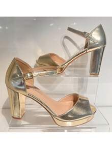 女士金属扣设计时尚优雅高跟厚底凉鞋 - 金色 - 查看 1