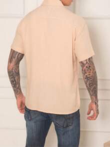 Camisa Botão Manga Curta Masculina Slim Social Verão Camisa Praia Ano Novo Lisa - Bege - Visão 2