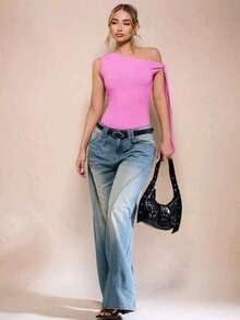 Women's Bodysuit With Tie Bow And Asymmetrical Neckline, Sleeveless, Ideal For Romantic Dates, Casual, Vacation And Summer - 西瓜粉 - 查看 6