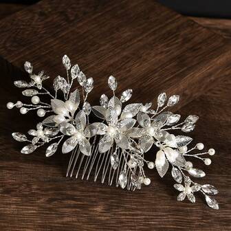 1pc Women's Vintage Zinc Alloy Handmade Silver Flower Hair Comb With Glass Rhinestones & Faux Pearl, Bridal Headpiece For Wedding Dress