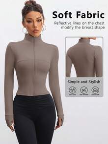 FWH 可变换高领/立领训练夹克，高性能剪裁，全天候灵活，适合多种运动，适合健身房/户外/瑜伽的多功能服装，运动时尚，可变换款式，高性能时尚，拇指孔训练上衣，修身拉链瑜伽外套（带拇指孔），女士可变换高领训练夹克 - 灰色 - 查看 2